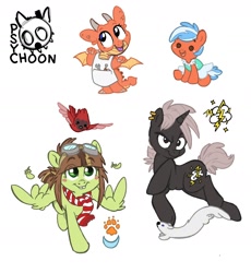 Size: 1852x2010 | Tagged: safe, artist:psychoon, derpibooru import, oc, oc only, oc:soulbreath, bird, dragon, pegasus, pony, unicorn, baby, clothes, earring, feather, female, flying, goggles, male, mare, scarf, screwdriver, stallion, wrench