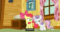 Size: 571x305 | Tagged: safe, derpibooru import, screencap, apple bloom, scootaloo, sweetie belle, cutie mark crusaders, hub logo, meme, poland, polish, reaction image, swearing, translation, vulgar, youtube caption