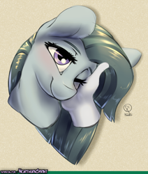 Size: 1280x1506 | Tagged: safe, artist:northernsprint, marble pie, earth pony, human, pony, blushing, cute, female, hand, lidded eyes, looking at you, marblebetes, mare, one eye closed, patreon, petting, smiling, solo, wink