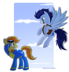 Size: 900x947 | Tagged: safe, artist:mn27, derpibooru import, braeburn, soarin', accessory swap, cowboy vest, dark, flying, gay, male, out of frame, shipping, soarburn, wonderbolts uniform