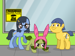 Size: 2500x1857 | Tagged: safe, artist:voodoo-tiki, derpibooru import, bob's burgers, bunny ears, gene belcher, glasses, louise belcher, ponified, tina belcher