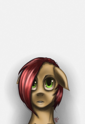 Size: 620x896 | Tagged: safe, artist:monochromewasteland, derpibooru import, babs seed, earth pony, brown coat, female, filly, freckles, solo, two toned mane