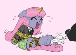 Size: 770x550 | Tagged: safe, artist:carnifex, oc, oc only, oc:velvet, bondage, feather, hoof tickling, horn ring, magic suppression, rope, simple background, tickling, tied up, underhoof