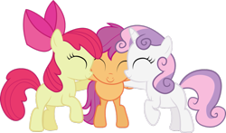 Size: 1165x686 | Tagged: safe, artist:silentmatten, derpibooru import, apple bloom, scootaloo, sweetie belle, cute, cutie mark crusaders, group hug, simple background, transparent background, vector