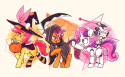 Size: 1280x786 | Tagged: safe, artist:jopiter, derpibooru import, apple bloom, scootaloo, sweetie belle, sweetie bot, earth pony, pegasus, pony, robot, robot pony, unicorn, blank flank, candy, clothes, costume, cutie mark crusaders, eyes closed, female, filly, foal, grim reaper, halloween, hooves, horn, laser, nightmare night, nightmare night costume, open mouth, pumpkin bucket, rocket launcher, scythe, smiling, teeth, trick or treat, weapon, witch