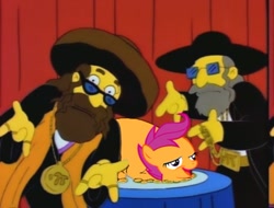 Size: 500x379 | Tagged: safe, derpibooru import, scootaloo, chickun, exploitable meme, jew, meme, the simpsons