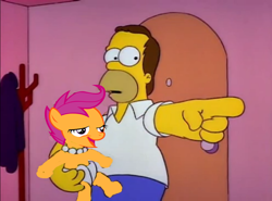 Size: 1036x768 | Tagged: safe, derpibooru import, scootaloo, chickun, exploitable meme, homer simpson, meme