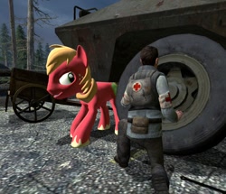 Size: 964x829 | Tagged: safe, artist:dbuilder, derpibooru import, big macintosh, earth pony, pony, 3d, apc, apple-jack, cart, forest, gmod, lifting, male, medic, repair, repairing, stallion, vehicle, working