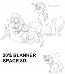 Size: 1331x1525 | Tagged: safe, artist:kiananuva12, derpibooru import, prince blueblood, oc, oc:golden apple, oc:sora, bondage, canon x oc, female, lined paper, male, monochrome, offspring, parent:oc:sora, parent:prince blueblood, straight, traditional art