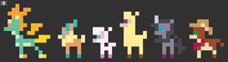 Size: 472x128 | Tagged: safe, artist:parallel black, arizona cow, oleander, paprika paca, pom lamb, tianhuo, velvet reindeer, alpaca, classical unicorn, cow, deer, lamb, longma, reindeer, sheep, them's fightin' herds, community related, fightin' six, leonine tail, pixel art, tiny pixel ponies