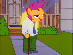 Size: 512x384 | Tagged: safe, derpibooru import, edit, edited screencap, screencap, scootaloo, chickun, hans moleman, meme, the simpsons