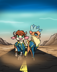 Size: 718x900 | Tagged: safe, artist:alorix, arizona cow, velvet reindeer, cow, deer, them's fightin' herds, cloven hooves, community related, fallout, female, lesbian, pipboy, shipping, vault suit, velvezona, velvezona daily