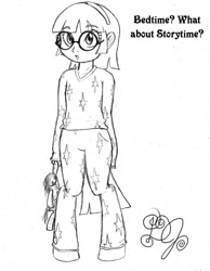Size: 776x1000 | Tagged: safe, artist:dj-black-n-white, derpibooru import, oc, oc only, oc:glimmer, satyr, clothes, dialogue, doll, glasses, monochrome, pajamas, parent:twilight sparkle, solo, young