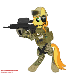 Size: 861x929 | Tagged: safe, artist:orang111, derpibooru import, braeburn, assault rifle, camouflage, clothes, daewoo k-11, grenade launcher, gun, helmet, korean, military, rifle, solo, uniform