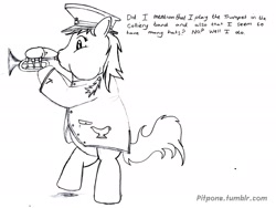 Size: 2624x1975 | Tagged: safe, derpibooru import, oc, oc only, oc:pit pone, pony, ask, band, bipedal, colliery, gravy, monochrome, musical instrument, puffy cheeks, solo, trumpet