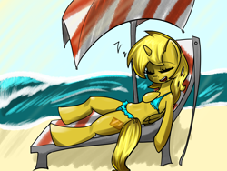 Size: 6000x4500 | Tagged: safe, artist:acharmingpony, derpibooru import, oc, oc only, oc:ticket, alicorn, pony, semi-anthro, absurd resolution, alicorn oc, beach, bikini, clothes, sleeping, solo, swimsuit, z