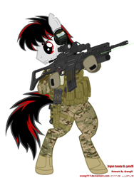 Size: 774x1032 | Tagged: safe, artist:orang111, derpibooru import, oc, oc only, pony, ag36, assault rifle, bipedal, clothes, g36, grenade launcher, gun, headset, infantry, military, noob tube, solo, uniform