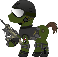 Size: 903x885 | Tagged: safe, artist:karpiupl, derpibooru import, oc, oc only, adaptive combat rifle, ag36, assault rifle, bushmaster acr, grenade launcher, grom, gun, helmet, infantry, magpul masada, military, poland, solo