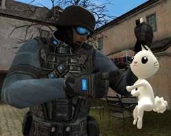 Size: 854x679 | Tagged: safe, artist:dbuilder, derpibooru import, angel bunny, 3d, angry, ear hold, gmod, market, mercenary, pointing