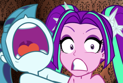 Size: 596x400 | Tagged: safe, artist:rileyav, aria blaze, sonata dusk, equestria girls, bare shoulder portrait, bare shoulders, bust, clothes, cropped, nose in the air, out of context, portrait, screaming, topless