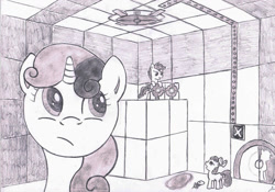 Size: 1067x748 | Tagged: safe, artist:karpiupl, derpibooru import, apple bloom, scootaloo, sweetie belle, crossover, cutie mark crusaders, portal, portal (valve), portal gun, sketch, weighted storage cube