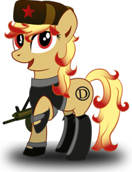 Size: 780x1023 | Tagged: safe, artist:karpiupl, derpibooru import, oc, oc only, earth pony, pony, aa-12, clothes, female, gun, hat, krasnaya yskra, mare, military, red star, shotgun, solo, uniform, ushanka