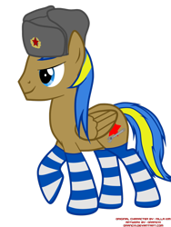 Size: 774x1032 | Tagged: safe, artist:orang111, derpibooru import, oc, oc only, oc:rack redstar, pegasus, pony, clothes, hat, rack redstars, red star, socks, solo, striped socks, telnyashka, ushanka