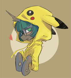 Size: 606x665 | Tagged: safe, artist:dreamyri, artist:goatsocks, derpibooru import, oc, changeling, pikachu, blushing, changeling oc, clothes, glasses, heart, hoodie, pokémon, solo