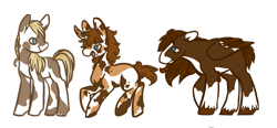 Size: 1187x551 | Tagged: safe, artist:spideride, derpibooru import, oc, oc only, earth pony, pegasus, pony, unicorn, calico, cocky calico, male, proud paint, rickety red, stallion, unshorn fetlocks