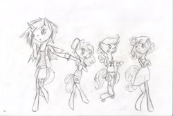 Size: 2338x1573 | Tagged: safe, artist:afternoondreams0, derpibooru import, apple bloom, scootaloo, sweetie belle, oc, anthro, cutie mark crusaders, monochrome, traditional art