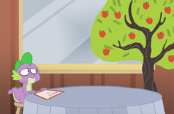 Size: 800x524 | Tagged: artist needed, safe, derpibooru import, bloomberg, spike, dragon, date, frown, sad, solo, spike-replies, table, tree, wide eyes