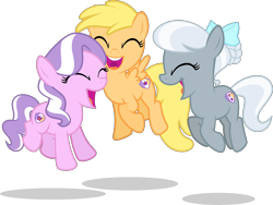 Size: 4174x3132 | Tagged: safe, alternate version, artist:xebck, diamond tiara, mango dash, silver spoon, crusaders of the lost mark, absurd resolution, alternate cutie mark, alternate hairstyle, alternate universe, cutie mark, cutie mark crusaders, eyes closed, happy, open mouth, simple background, the cmc's cutie marks, transparent background, vector