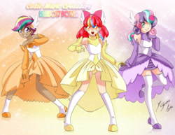 Size: 2786x2153 | Tagged: safe, artist:shinta-girl, apple bloom, scootaloo, sweetie belle, human, armpits, clothes, cutie mark crusaders, dress, humanized, magical girl, rainbow power, rainbow power-ified