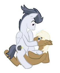 Size: 852x1024 | Tagged: safe, derpibooru import, lickety split, rumble, pony, blushing, cutie mark, gay, male, older, stallion