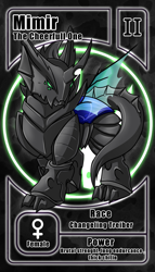 Size: 800x1399 | Tagged: safe, artist:vavacung, oc, oc only, oc:mimir, changeling, original species, card, changeling behemoth, changeling oc, cloven hooves, commission, female, pactio card, solo