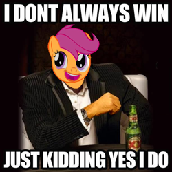 Size: 612x612 | Tagged: safe, derpibooru import, scootaloo, beer, dos equis, image macro, the most interesting man in the world, winner