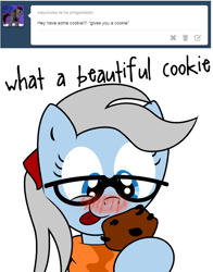 Size: 974x1242 | Tagged: safe, artist:4-cardinal, derpibooru import, oc, oc only, :p, blushing, cookie, cute, eyes on the prize, glasses, hoof hold, solo, tongue out, tumblr