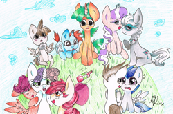 Size: 939x621 | Tagged: safe, artist:ados-e, derpibooru import, apple bloom, diamond tiara, featherweight, pipsqueak, rumble, scootaloo, silver spoon, snails, snips, sweetie belle, apple juice, bottle, camera, colt, cute, filly, food, juice, spin the bottle, traditional art