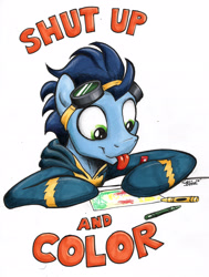 Size: 2378x3144 | Tagged: safe, artist:mattings, derpibooru import, soarin', coloring, crayons, cute, drawing, goggles, soarinbetes, solo, tongue out, wonderbolts uniform