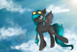 Size: 1024x692 | Tagged: safe, artist:astralispl, derpibooru import, oc, oc only, pegasus, pony, braid, cloud, cloudy, crepuscular rays, cute, fluffy, goggles, lens flare, raised leg, solo, spread wings