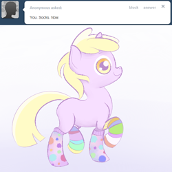 Size: 600x600 | Tagged: safe, artist:a6p, derpibooru import, dinky hooves, ask dinky doo, clothes, socks, solo, striped socks