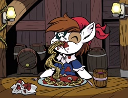 Size: 1650x1276 | Tagged: safe, artist:latecustomer, derpibooru import, pipsqueak, earth pony, pony, chubby cheeks, clothes, colt, eating, eyepatch, eyes closed, food, male, messy, messy eating, pasta, pipsqueak eating spaghetti, pirate, solo, spaghetti, table