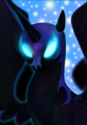 Size: 710x1021 | Tagged: safe, artist:risterdus, derpibooru import, nightmare moon, glowing eyes, solo