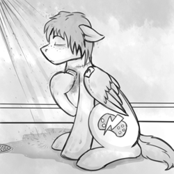 Size: 720x720 | Tagged: safe, artist:deyogee, derpibooru import, achievement hunter, lucky number seven, michael jones, monochrome, ponified, rooster teeth, shower, solo