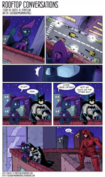 Size: 831x1404 | Tagged: safe, artist:saturdaymorningproj, mare do well, batman, city, comic, crossover, daredevil, dc comics, dialogue, marvel, rooftop, speech bubble