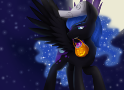 Size: 1024x745 | Tagged: safe, artist:megablack0x, nightmare moon, candy, cartographer's cap, food, hat, jack-o-lantern, moon, mouth hold, night, nightmare night, pumpkin bucket, solo