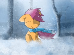 Size: 2048x1536 | Tagged: safe, artist:fuzzyfox11, derpibooru import, scootaloo, clothes, scarf, snow, snowfall, solo