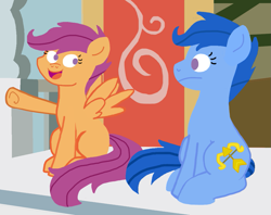 Size: 1141x904 | Tagged: safe, artist:oneovertwo, derpibooru import, archer (character), scootablue, scootaloo