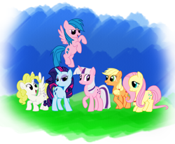 Size: 1400x1155 | Tagged: safe, artist:kymsnowman, derpibooru import, applejack (g1), firefly, posey, sparkler (g1), surprise, twilight, g1, g1 six, g1 to g4, generation leap