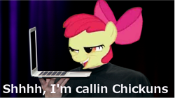 Size: 640x360 | Tagged: safe, derpibooru import, edit, apple bloom, caption, chickun, computer, exploitable meme, image macro, laptop computer, meme, solo